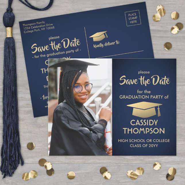 Photo Navy Blue and Gold Graduation Save the Date Postkarte (Von Creator hochgeladen)