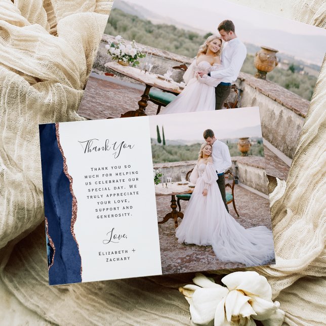 Photo Navy Blue Rose Gold Agate Script Wedding Dankeskarte (Von Creator hochgeladen)