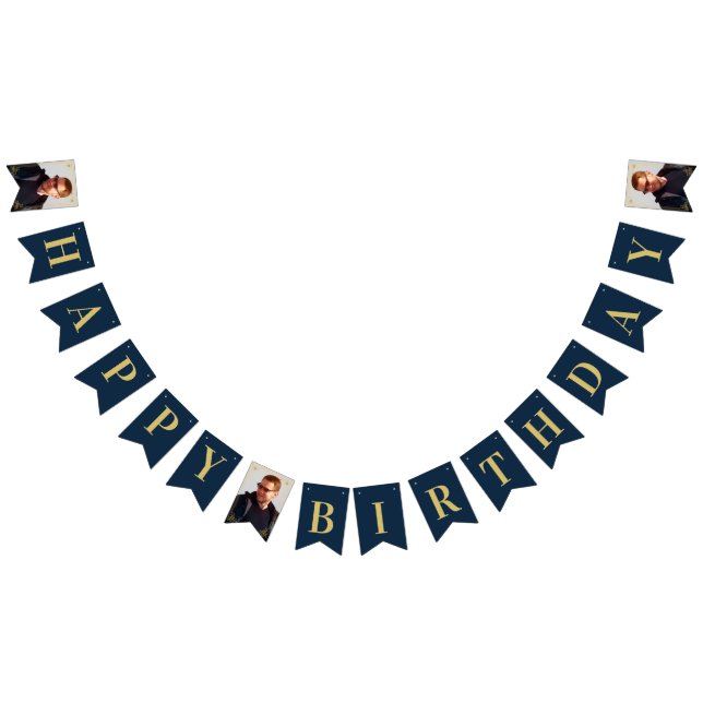 Photo Navy Gold Art Deco Frame Happy Birthday Wimpelkette (Alle)