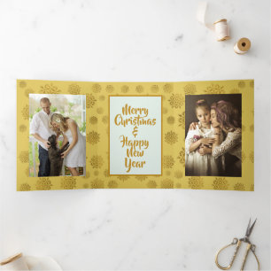 Photo Noël Tri-fold Carte Gold Snowflakes