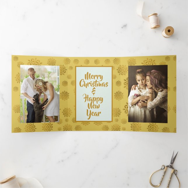 Photo Noël Tri-fold Carte Gold Snowflakes (Intérieur)