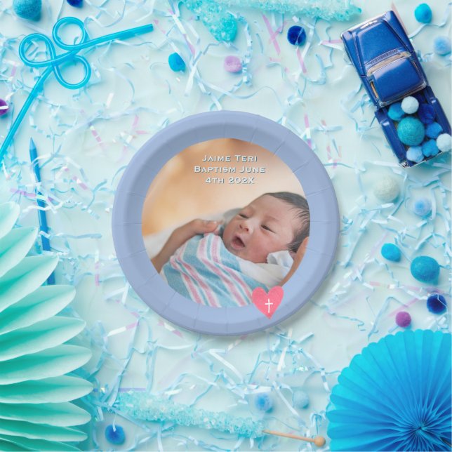 Photo Paper Plate Baptism Blue Shower Pappteller (Party)