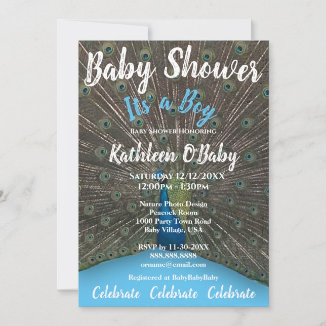 PHOTO PEACOCK BLUE BOUTON BABY SHOWER INVITATION (Devant)