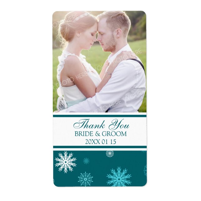 Photo Peacock Blue Snowflakes Étiquette de mariage (Devant)