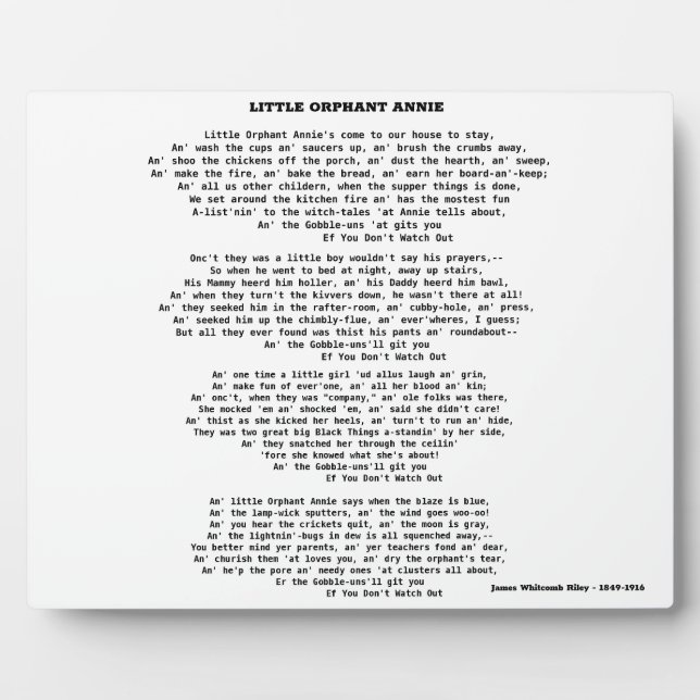 PHOTO PETIT ORPHANT ANNIE POEM PLAQUE (Devant)