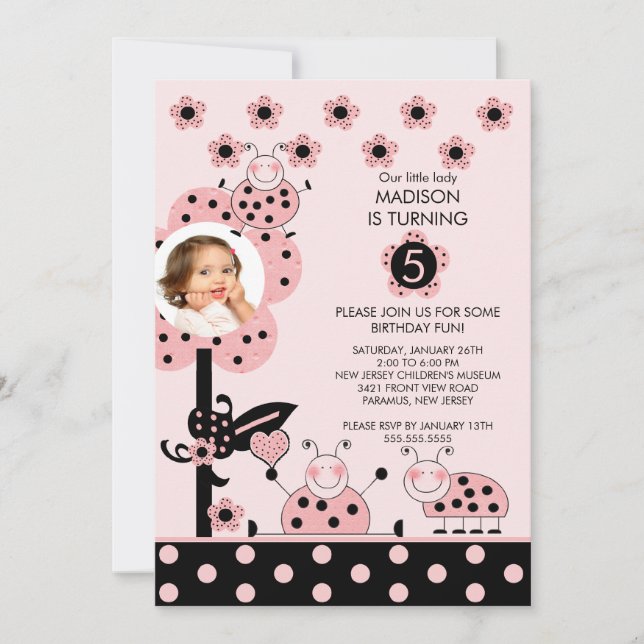 PHOTO Pink & Black Ladybug Invitation d'anniversai (Devant)
