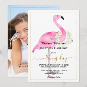 Photo Pink Flamingo Magnolias Beach Wedding Einladung