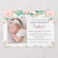 Photo Pink Gold Floral Baptême invitation