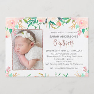 Photo Pink Gold Floral Baptême invitation
