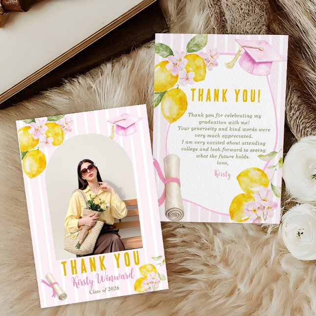 Photo Pink Stripes Lemons and Flowers Graduation Dankeskarte (Von Creator hochgeladen)