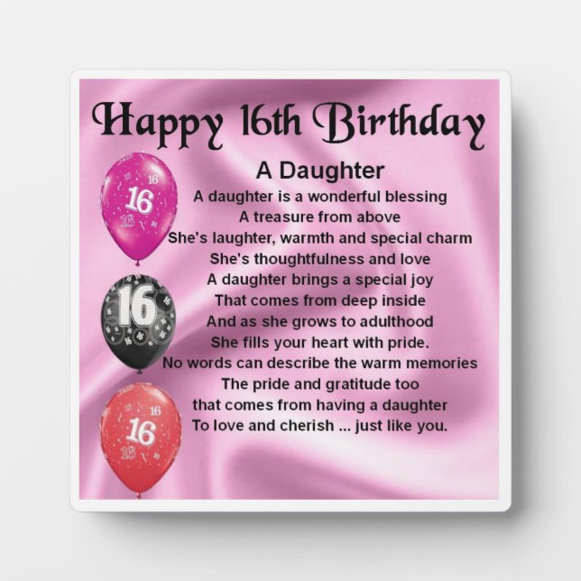 Photo Plaque de poème 16e anniversaire fille (Devant)