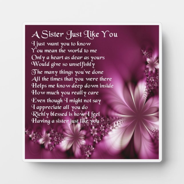 Photo Plaque Poem Soeur - Design Fleurs (Devant)