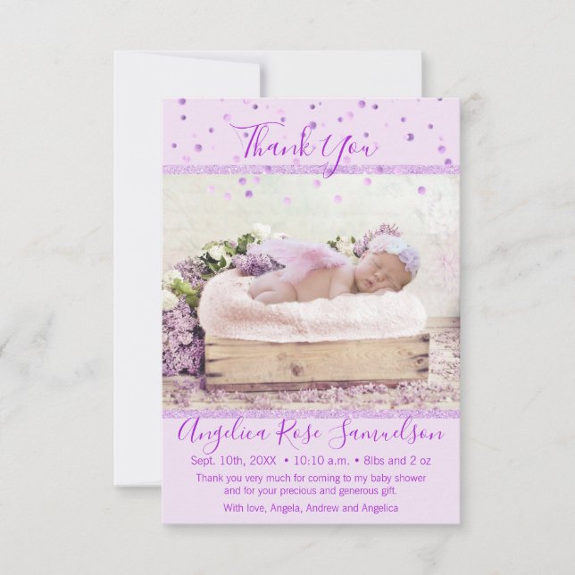 PHOTO pourpre du Merci | de baby shower de lavande (Devant)