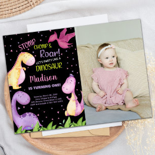 Photo Purple Black Dinosaur Invitations d'annivers