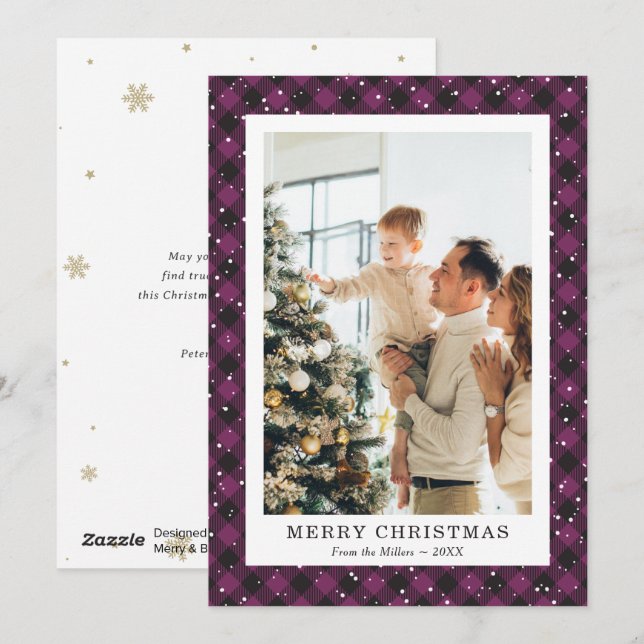 Photo Purple Plaid Neige Joyeuse Carte de Noël (Devant / Derrière)