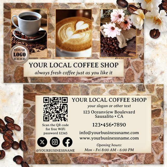 Photo QR Code Coffee Shop Carte de visite (Business card for coffee shop owners, featuring your own photos on an industrial stone wall design)