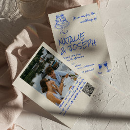 Photo QR Code Hand Drawn Blue Cake Bows Wedding Einladung