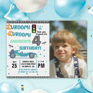 Photo Race Car • 4th Birthday Racing Party Einladung