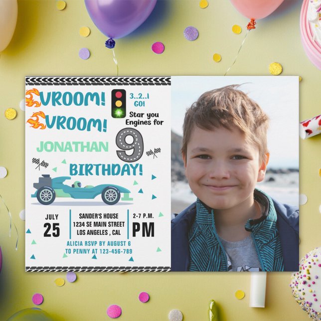 Photo Race Car • 9th Birthday Boy Einladung (Von Creator hochgeladen)