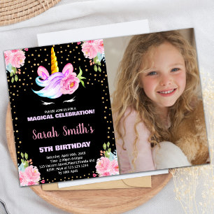 Photo Rainbow Black Unicorn Invitations d'annivers