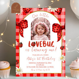 Photo Red Plaid Bow Coquette Lovebug Birthday Einladung