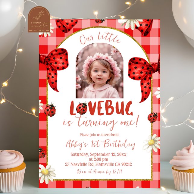 Photo Red Plaid Bow Coquette Lovebug Birthday Einladung (Von Creator hochgeladen)