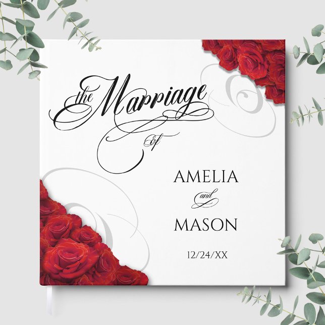 Photo Red Roses Calligraphy Script Square Wedding Gästebuch (Photo Red Roses Calligraphy Script Square Wedding Guest Book Front)