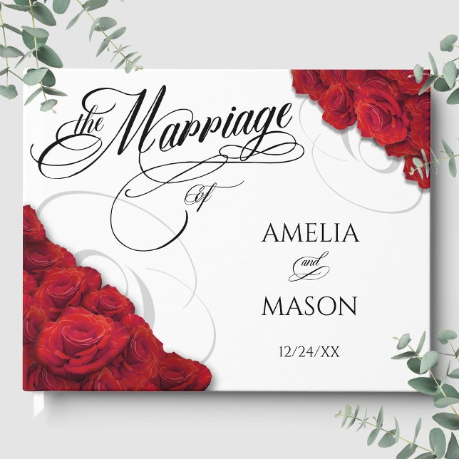Photo Red Roses Calligraphy Script Wedding Gästebuch (Photo Red Roses Calligraphy Script Wedding Guest Book Front)