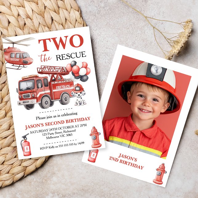 Photo Red Two The Rescue Fire Truck Birthday  Einladung (Fire Truck Birthday Invitation, 
Two The Rescue Invitation, Fire Truck Invitation Template,  Photo)