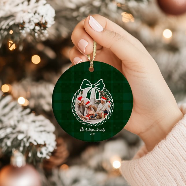 Photo Retro Green Plaid Whimsical Christmas  Keramik Ornament (Von Creator hochgeladen)