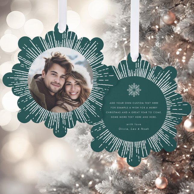 Photo retro sunburst pine green Christmas Ornament Karte (Photo retro sunburst pine green Christmas Ornament Card)
