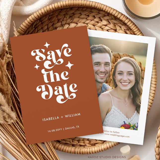 Photo Retro Typography Wedding Save The Date Ankündigung (The front and back of the invitation shown in a 5x7-inch size. Choose size, paper, and corner style.)