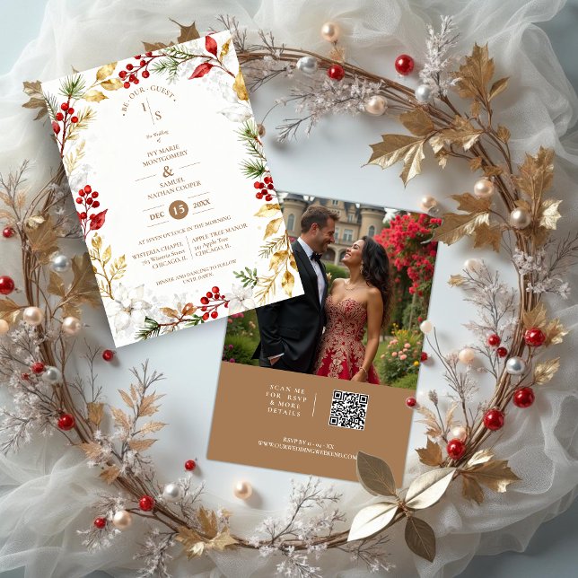 Photo Romantic Winter Nature Frame Wedding Einladung (Romantic Winter Nature Frame Wedding Invitation Cards with Photo on Back and Modern QR Code. )