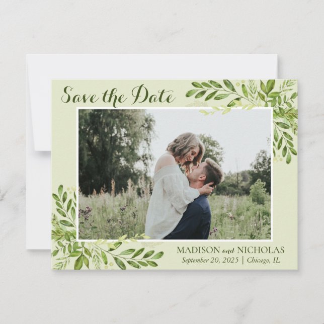 Photo Save the Date Cards with Botanical Greenery (Devant)