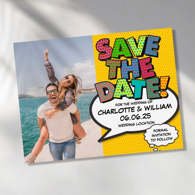Photo Save the Date Fun Retro Comic Book Pop Art Postkarte (Von Creator hochgeladen)