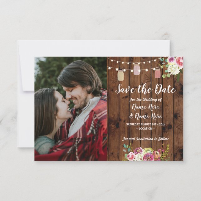 Photo Save The Date Rustic Jar Wood Floral Invitat (Devant)