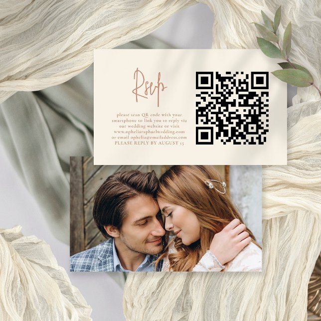 Photo Script Terracotta Cream QR Wedding Carte RSV (Front and back view. With or without your photo on the back.)