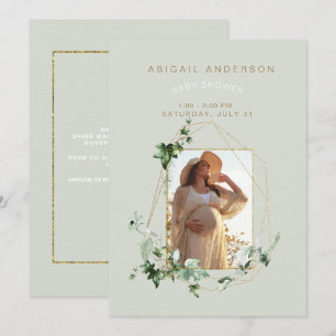 Photo Soft Mint Foliage Baby shower Invitation