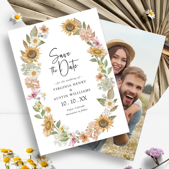 Photo Sunflower Enregistrer la carte Date (Photo Sunflower Wildflower Wreath Floral Save the Date Card by Painted Paperie
)