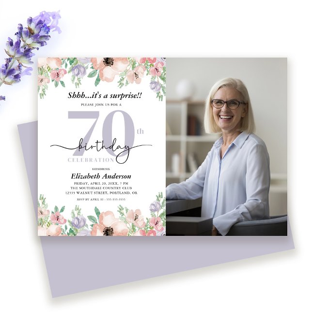 Photo Surprise 70th Birthday Party Elegant Floral Einladung (Von Creator hochgeladen)