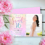 Photo Sweet 16 Rainbow Glitter Ombre Foil Birthday Einladung<br><div class="desc">“Happy Sweet 16”. Send out this stunning, sparkly, girly, festive, modern, personalized, custom photo party invitation for an event to remember. Rainbow glitter script typography and festive turquoise, purple pink and gold confetti, overlay a rainbow ombre foil metallic background on the left half of the card. A custom photo of...</div>