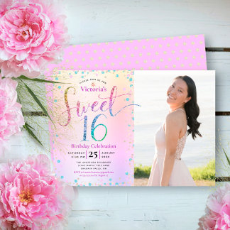 Photo Sweet 16 Rainbow Glitter Ombre Foil Birthday Einladung