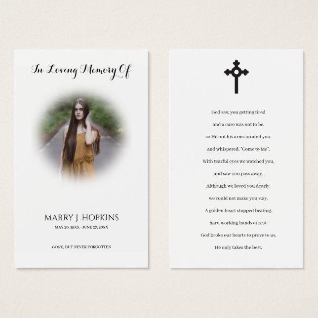 Photo Sympathy Funeral Memorial Prayer Cartes (Devant & derrière)
