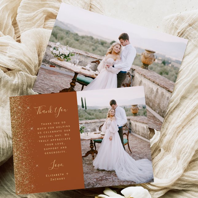 Photo Terracotta Gold Glitter Script Wedding Dankeskarte (Von Creator hochgeladen)