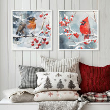 Aquarelle de Noël Berries Robin Cardinal rouge