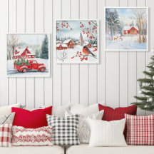 Aquarelle de Noël Snowy Winter Scene Maisons rouge