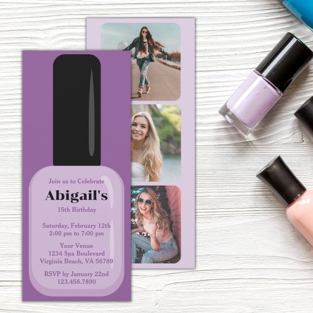 Photo Trendy Modern Purple Nail Polish Birthday Einladung (Von Creator hochgeladen)