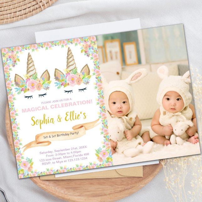 Photo Twin Floral Unicorn Invitations d'anniversai (Photo Twin Floral Unicorn Birthday Invitations)