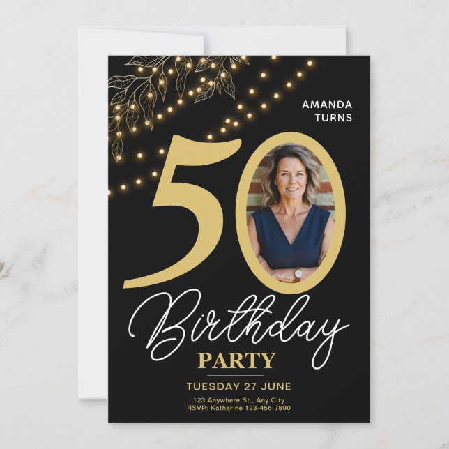 Photo Typography Botanical Elegant 50 Birthday Einladung (Vorderseite)