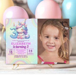 Photo Unicorn 3rd Birthday – Rainbow Girl party Einladung